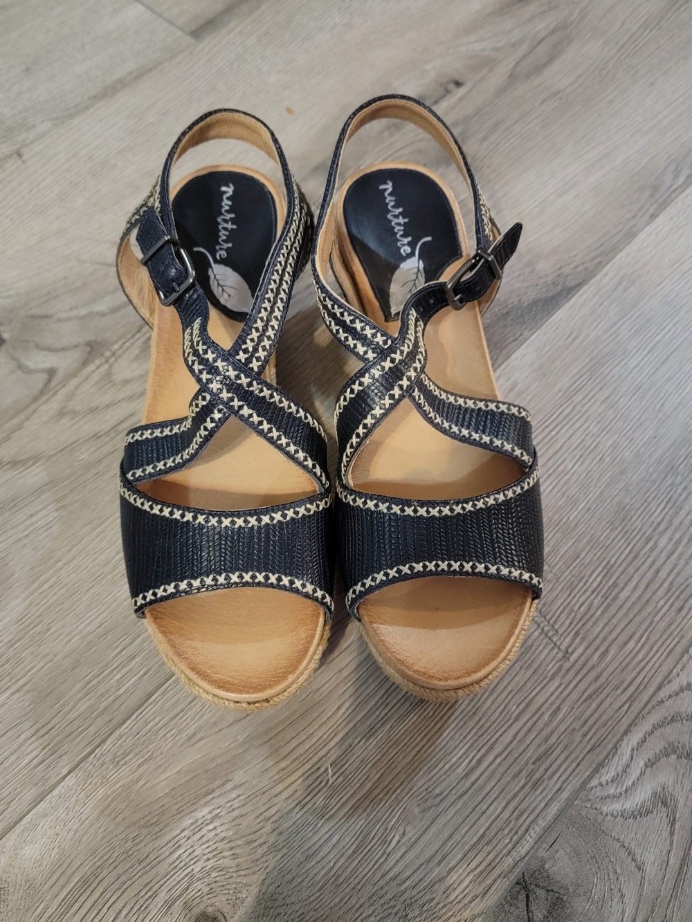 Nurture Lilithe Platform Sandal 8.5 Navy Blue and Cork Jute Trim Comfort EUC